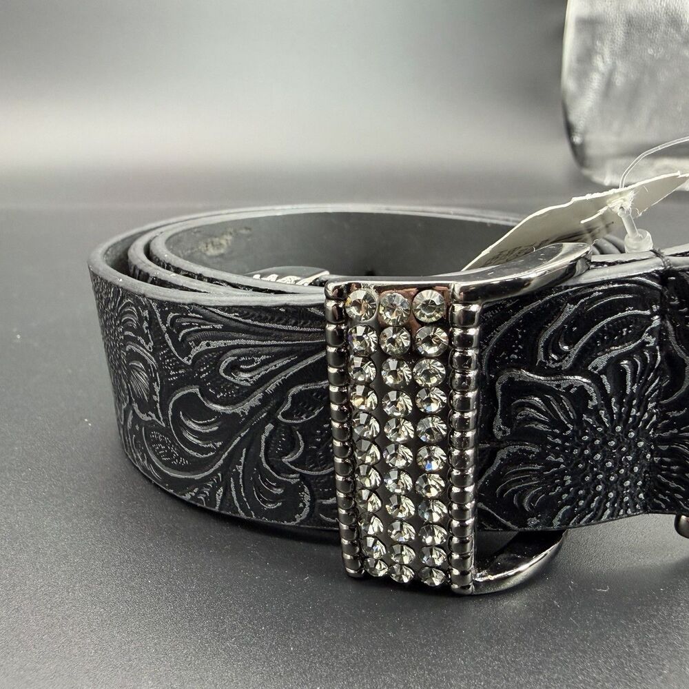 Chico's Women's M Black Floral Embossed Faux Leather Belt Rhinestone Buckle NWT - Picture 7 of 9